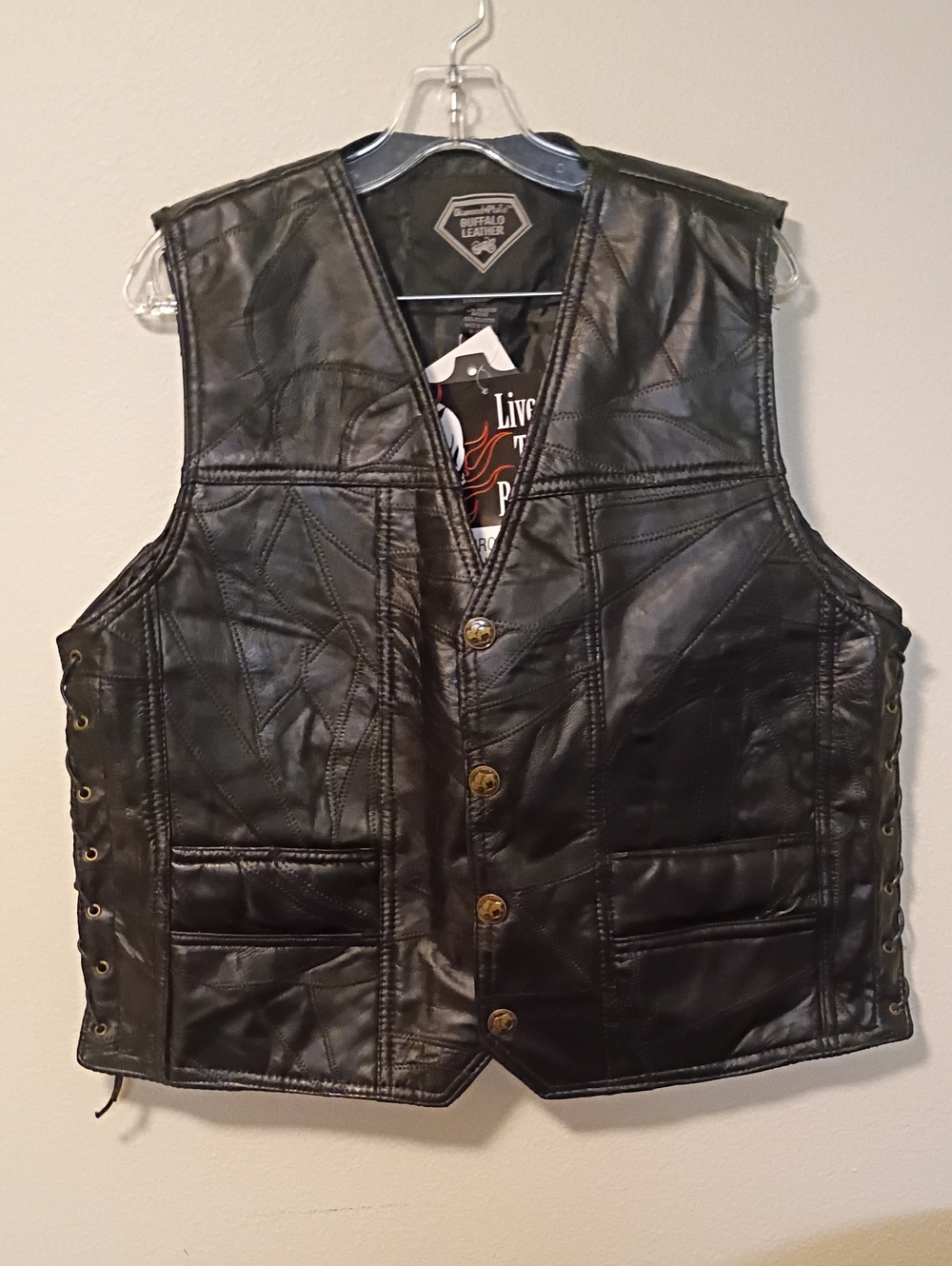 NWT Diamond Plate Black Men's Patch Work design L light Weight Biker Moto Vest